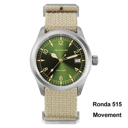 Militado ML08 Men’s Military Field Watch Ronda 515 Quartz, Sapphire Crystal, 10Bar Waterproof & Luminous