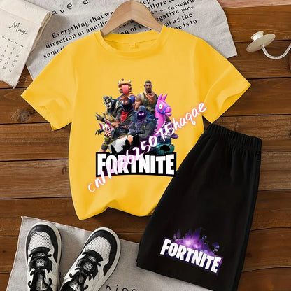 Summer T-shirts 2 pieces Fortnite children's cotton short-sleeved set with cartoon prints, boys' sports shirt, casual top, gift