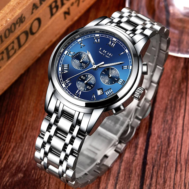 Pánske hodinky LIGE – luxusný chronograf, ležérny športový štýl, vodotesné, celokovové, quartzový strojček