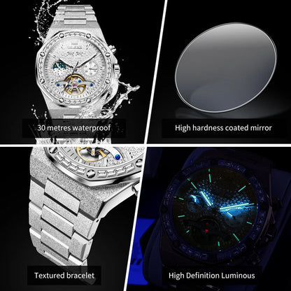 OLEVS 9805 Skeleton Automatic Man Watch Luxury Fashion Matte Texture Full Diamond Moon Phase Waterproof Mechanical Wristwatches