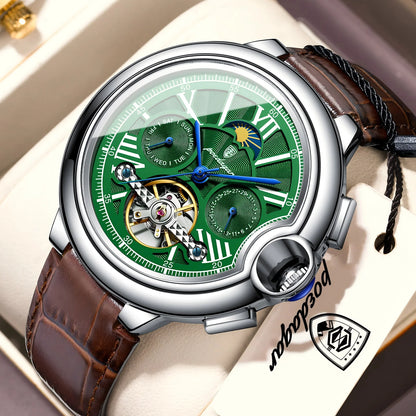 POEDAGAR luxus férfi karóra – Mechanikus automata modell dátum- és napkijelzéssel, bőr szíjjal, tourbillon-mechanizmussal, vízálló, elegáns és professzionális stílusú.