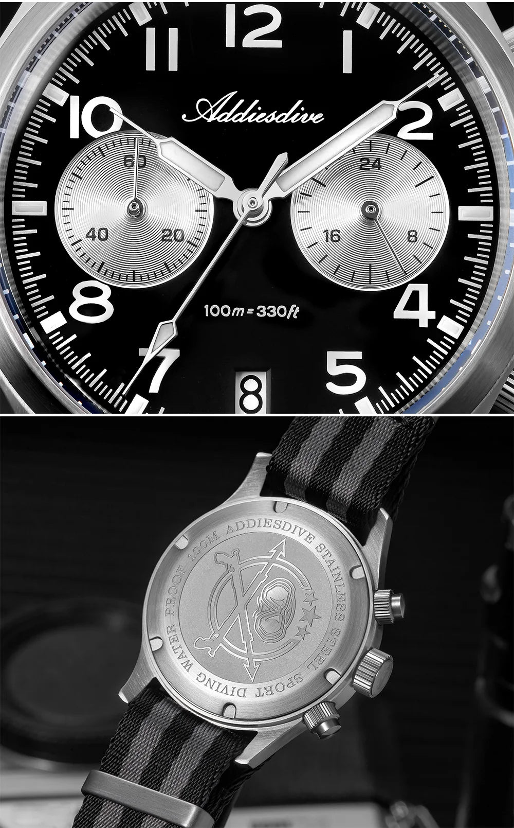 Relógio Masculino ADDIESDIVE 2025 New Panda Eye Retro Luxo VK64 Quartz, Cronógrafo Desportivo, 100M Impermeável, Luminoso