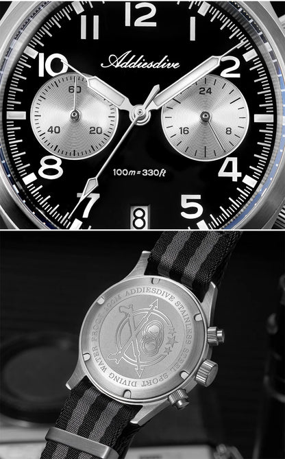 Relógio Masculino ADDIESDIVE 2025 New Panda Eye Retro Luxo VK64 Quartz, Cronógrafo Desportivo, 100M Impermeável, Luminoso