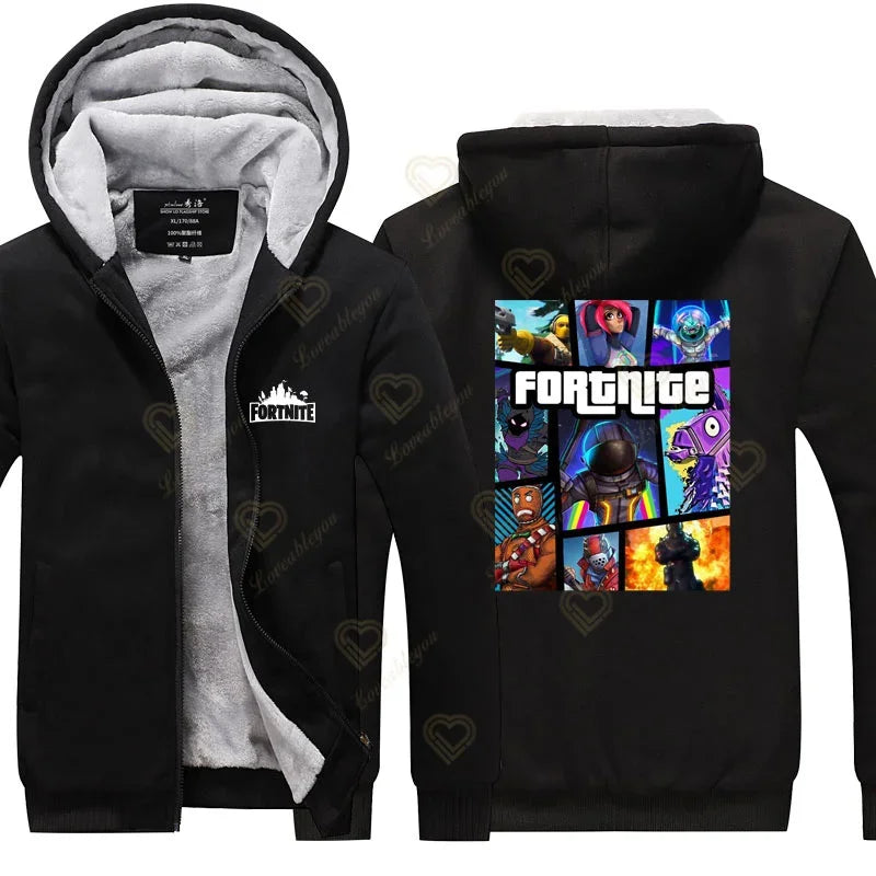 Hanorace luminescente „Winter Warm Fortnite” pentru bărbați și femei, hanorace de joc și cosplay, din fleece gros, cu fermoar, jachete și paltoane pentru cupluri