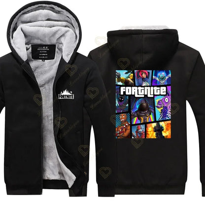 Hanorace luminescente „Winter Warm Fortnite” pentru bărbați și femei, hanorace de joc și cosplay, din fleece gros, cu fermoar, jachete și paltoane pentru cupluri
