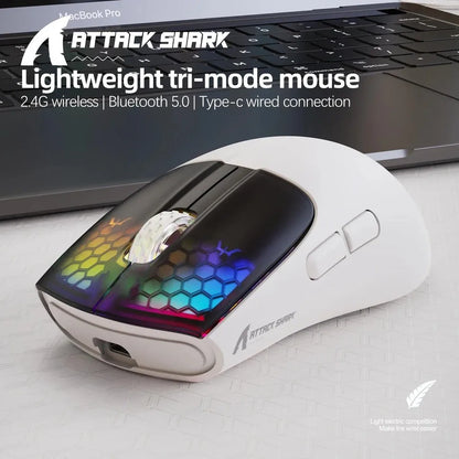 ATTACK SHARK X5 bezdrátová myš, lehká, tri-mode připojení 2.4GHz / kabel / Bluetooth, RGB makro herní myš