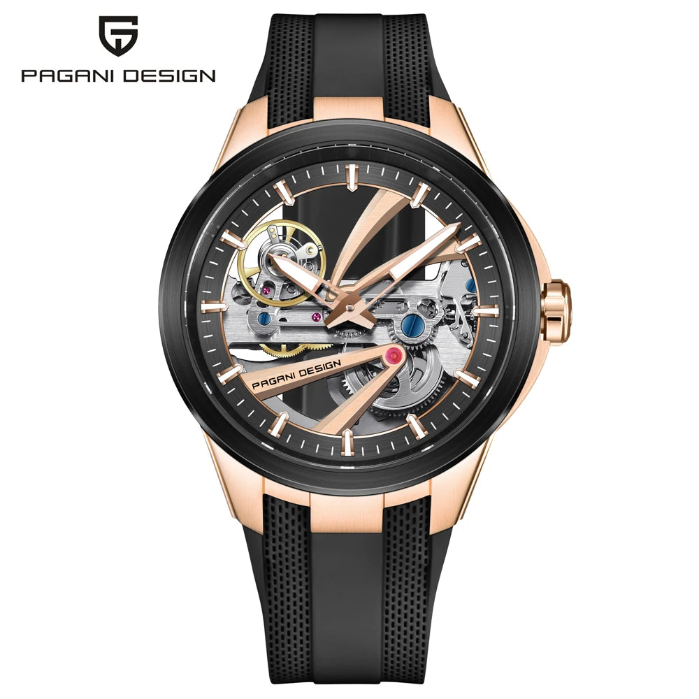 Herrenuhr von PAGANI DESIGN – Mechanisches Luxusuhrwerk mit Automatikaufzug, „Skelett“-Ausführung (mit offenem Herz), ausgestattet mit einem Tourbillon, Saphirglas mit Antireflexbeschichtung, wasserdicht und leuchtend.