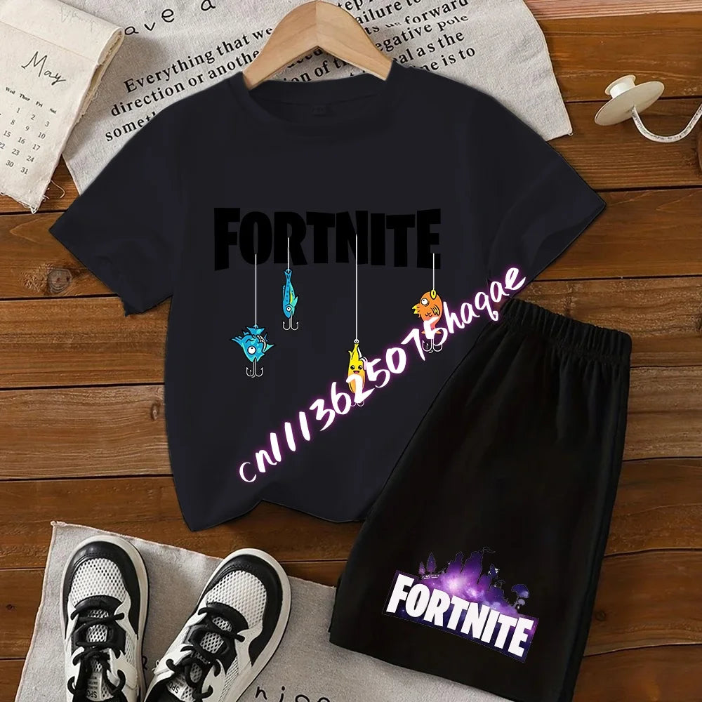 Summer FortnitesT-shirt Shorts for Boys Girl Tee Pants Set 2pcs Children Clothing Tops T-shirts Fortress Night Print Tees Gift