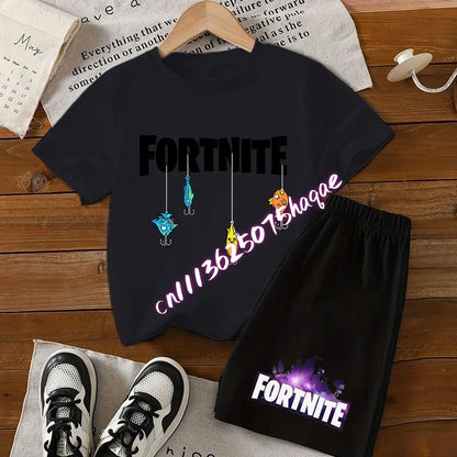 Summer FortnitesT-shirt Shorts for Boys Girl Tee Pants Set 2pcs Children Clothing Tops T-shirts Fortress Night Print Tees Gift