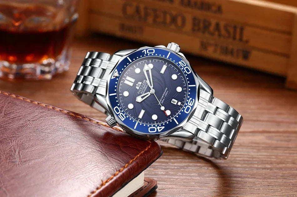 Automatic Mens Watch Mechanical Self Wind Movement Stainless Steel Casual Yellow Gold Silver Blue Master Wave Fashion Watches