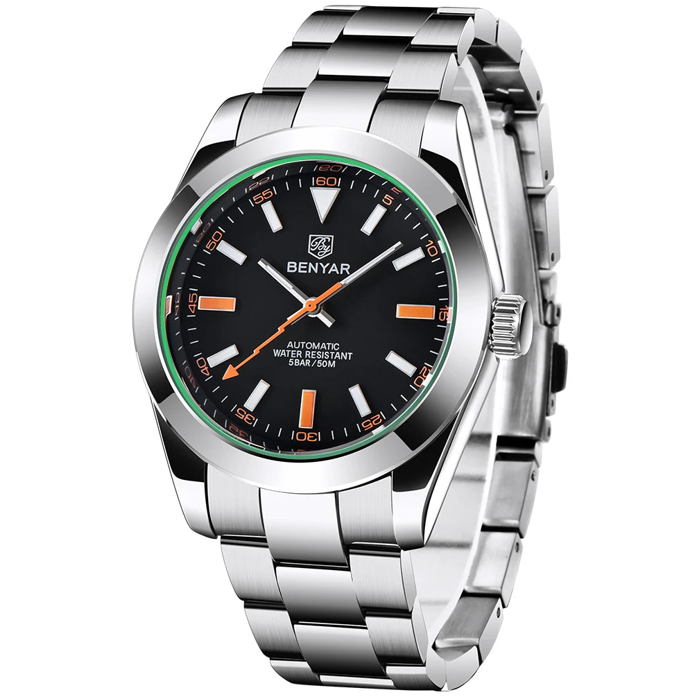 BENYAR – Nuovo orologio da uomo, marchio di lusso, orologio meccanico a carica automatica, impermeabile fino a 50 m, modello sportivo con lancette luminescenti