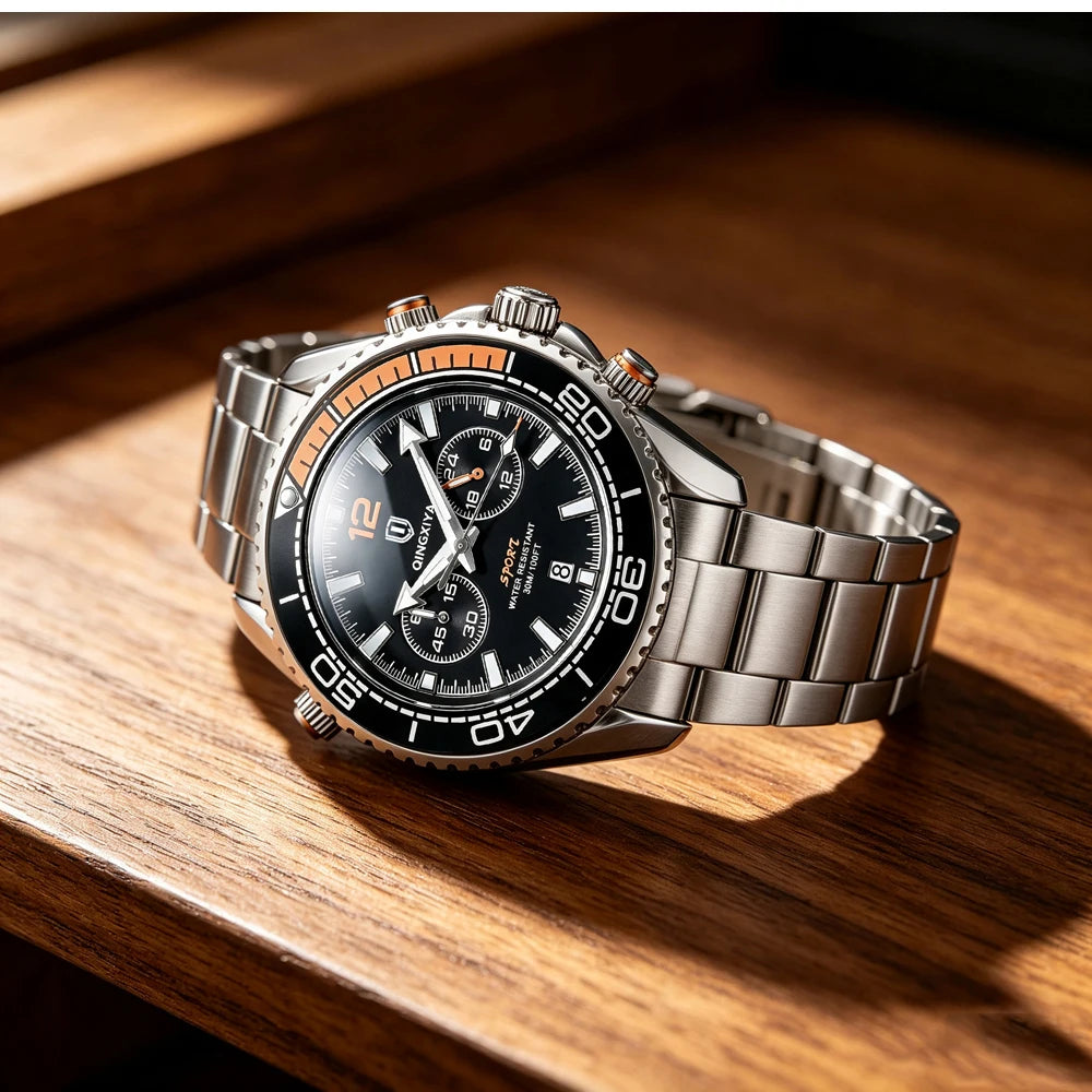 Luxus-Armbanduhr für Herren der Marke QINGXIYA, wasserdichter Sport-Chronograph mit beleuchtetem Datum, lässige Quarzuhr für Herren