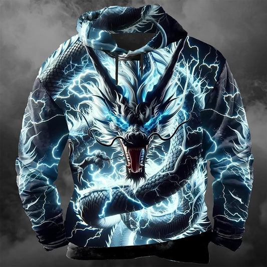Huvtröja för herr med 3D-tryck av blixtdrake, moderiktig och cool sweatshirt för vardagsbruk, långärmad streetwear-pullover för höst och vinter, träningsoverallsjacka