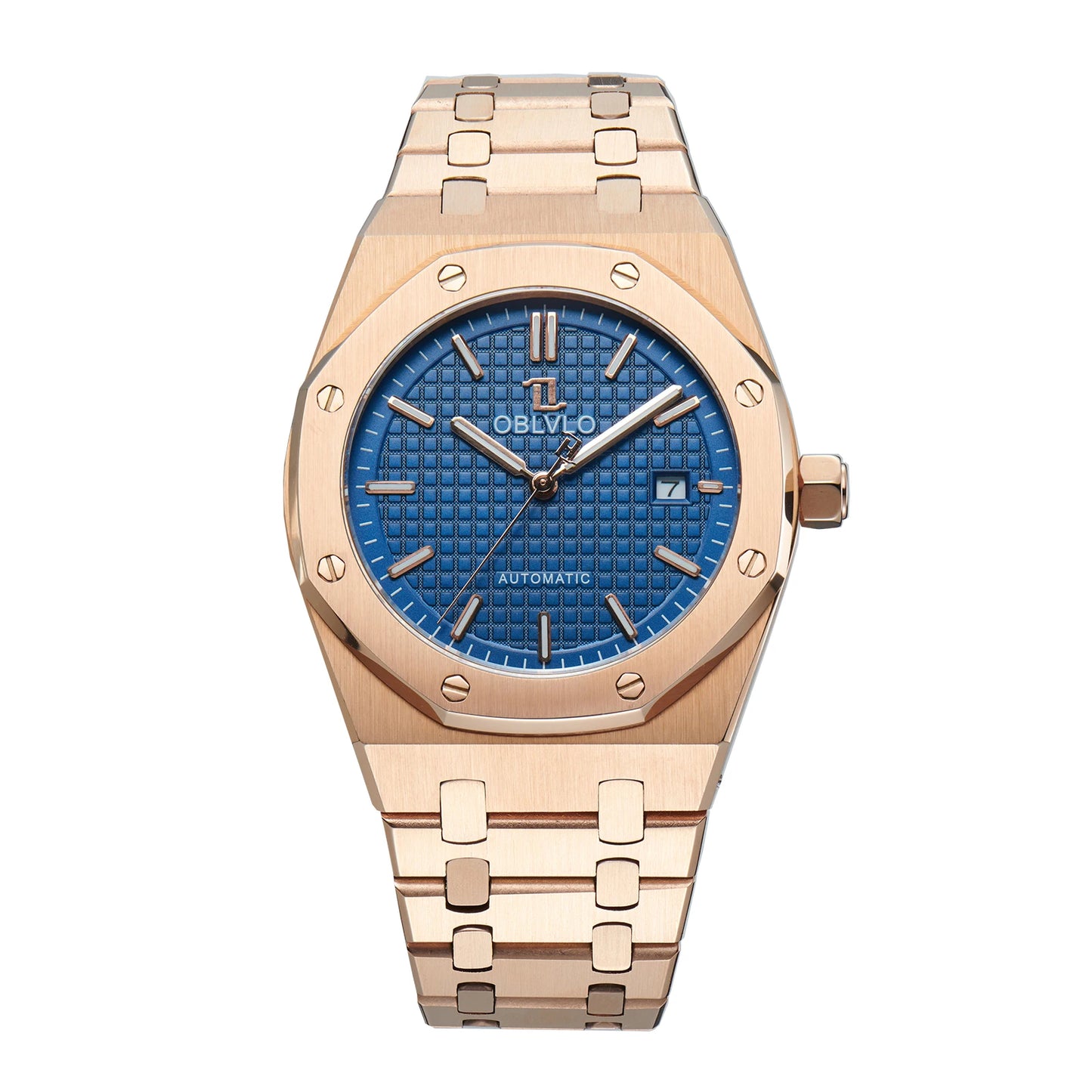 OBLVLO TM-ASP Luxury Men's Watch 41mm Blue Dial Rose Gold Automatic Luminous Waterproof Mechanical Casual Business Watch