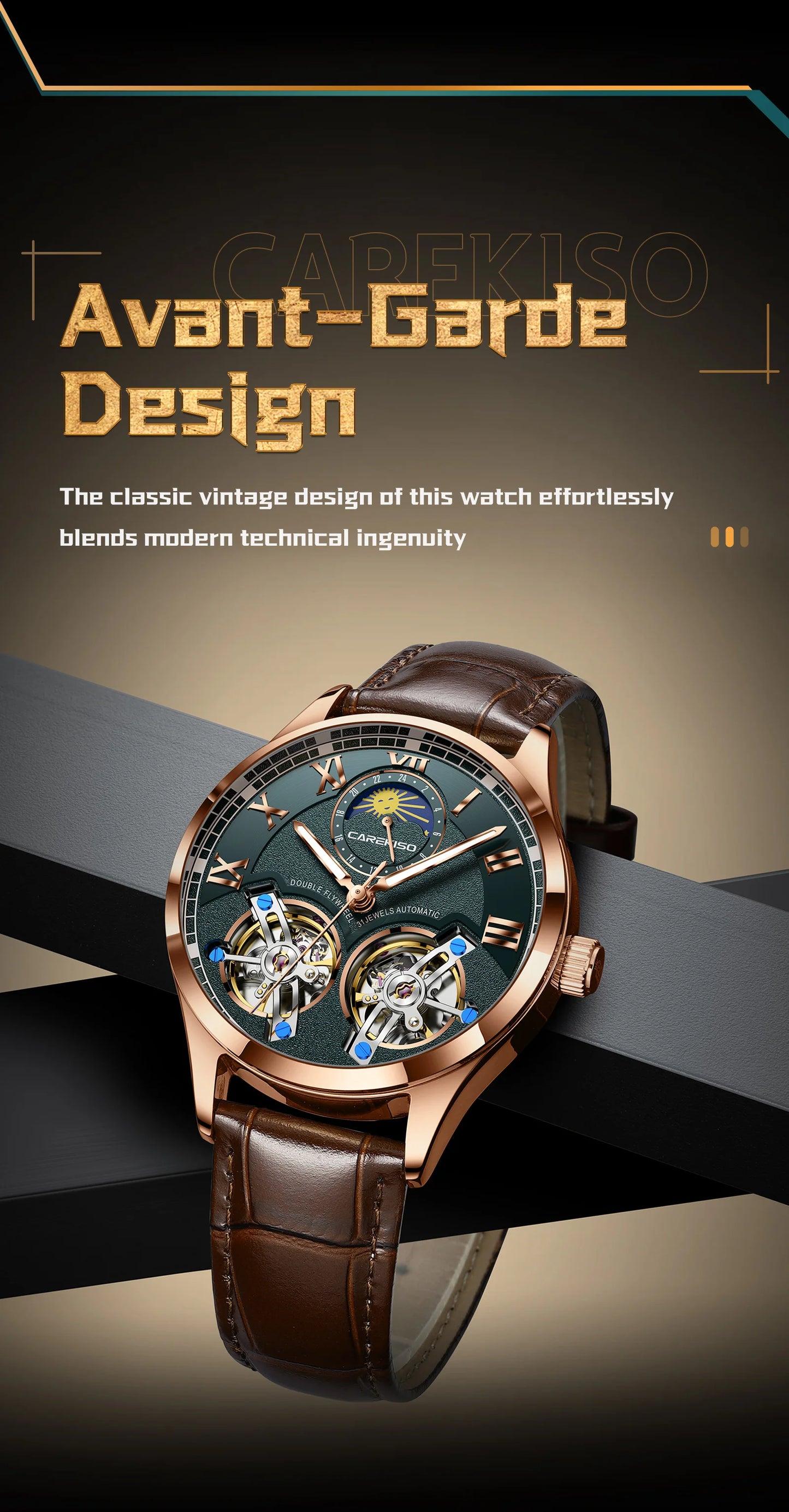 CAREKISO Fashion Men Clock Double Hollow Tourbillon Automatic Mechanical Man Watch Waterproof Luminous Leather Men's Watches+Box