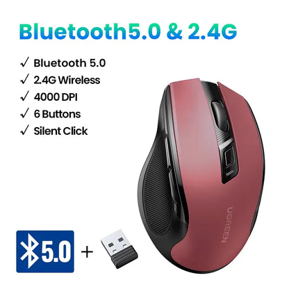 Mouse wireless UGREEN Bluetooth 5.0 ergonomico 4000DPI con 6 pulsanti silenziosi per MacBook, tablet, laptop, computer e PC, mouse 2.4G