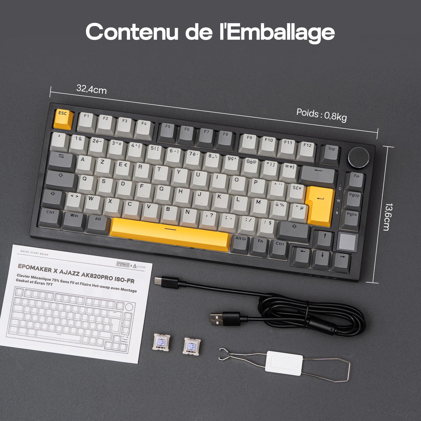 ISO-FR-Layout EPOMAKER X AJAZZ AK820 PRO 75% AZERTY Französisch Hot-Swap kabelgebundene/BT/2.4GHz kabellose mechanische Tastatur für Win/Mac/PC