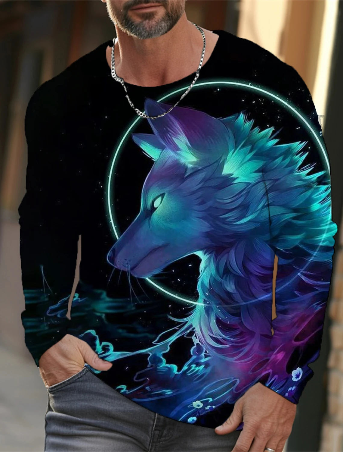 The Wolf Graphic Men's Long Sleeve T-shirt for Men Clothing Casual Top Tee Shirt Fashion Animal 3D Full Printing Streetwear