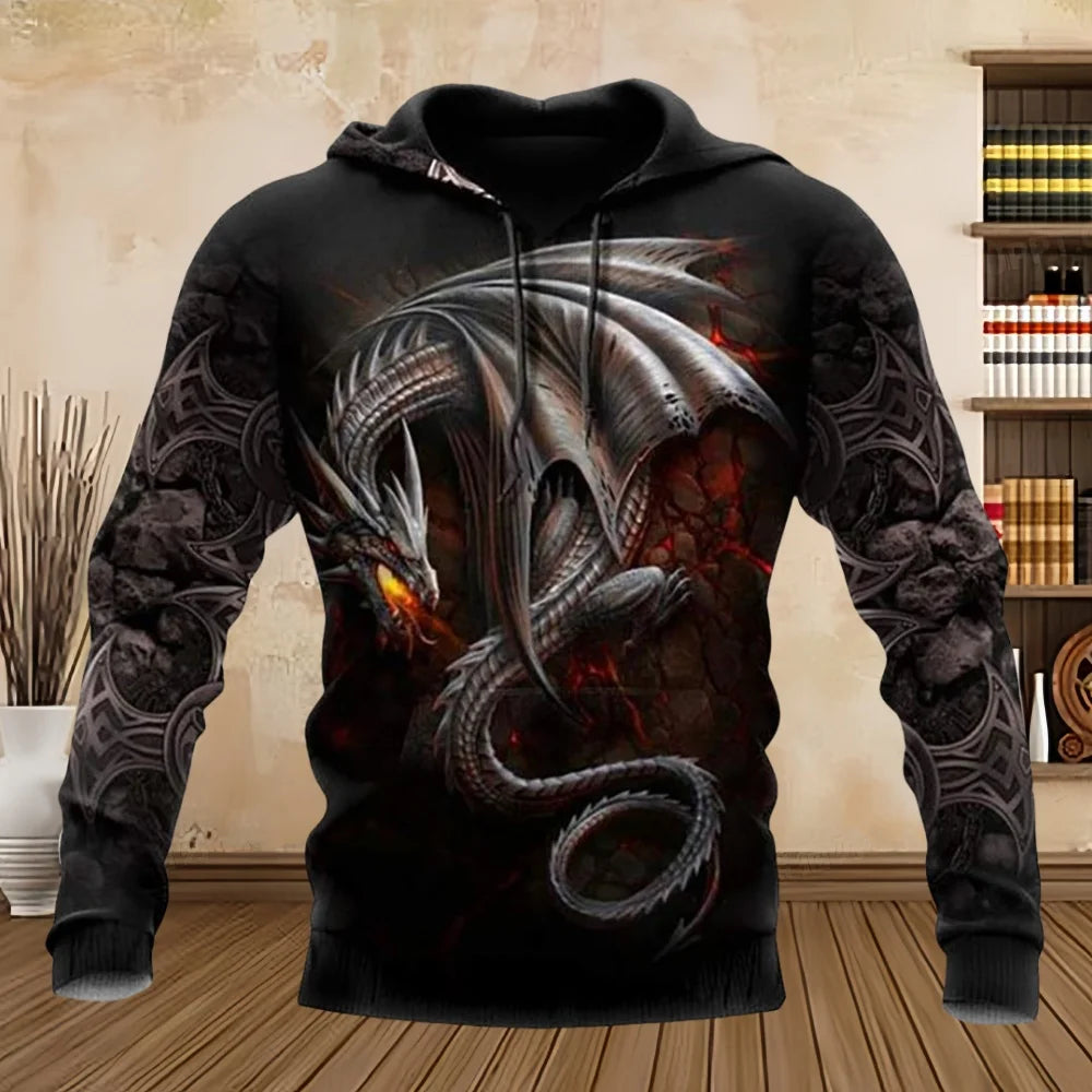 Spring Autumn Long Sleeve Tattoo Dragon 3D Printed Men Hooded Hoodies Sweatshirt Unisex Streetwear Pullover Casual Tracksuits