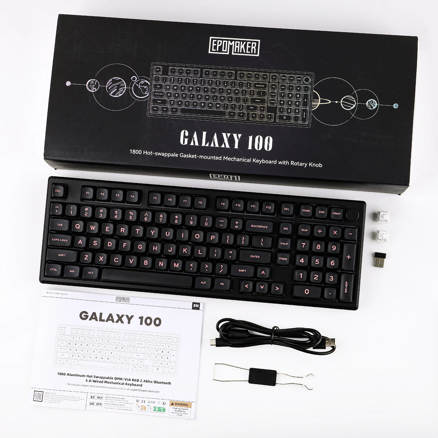 EPOMAKER Galaxy100 QMK/VIA 1800 ANSI Layout Aluminum Gasket Wired/BT5.0/2.4Ghz Mechanical Gaming Keyboard with 8000mAh Battery
