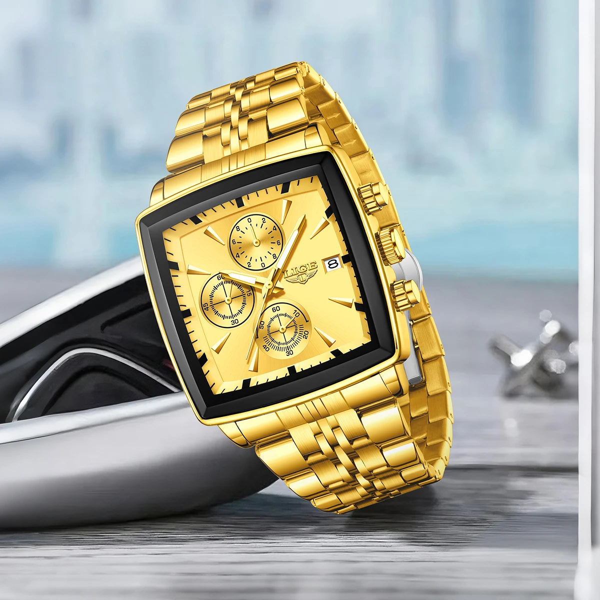 LIGE luxe herenhorloges, vierkant model, klassieke en trendy stijl, van roestvrij staal, waterdicht, sportief en casual, met quartz uurwerk.