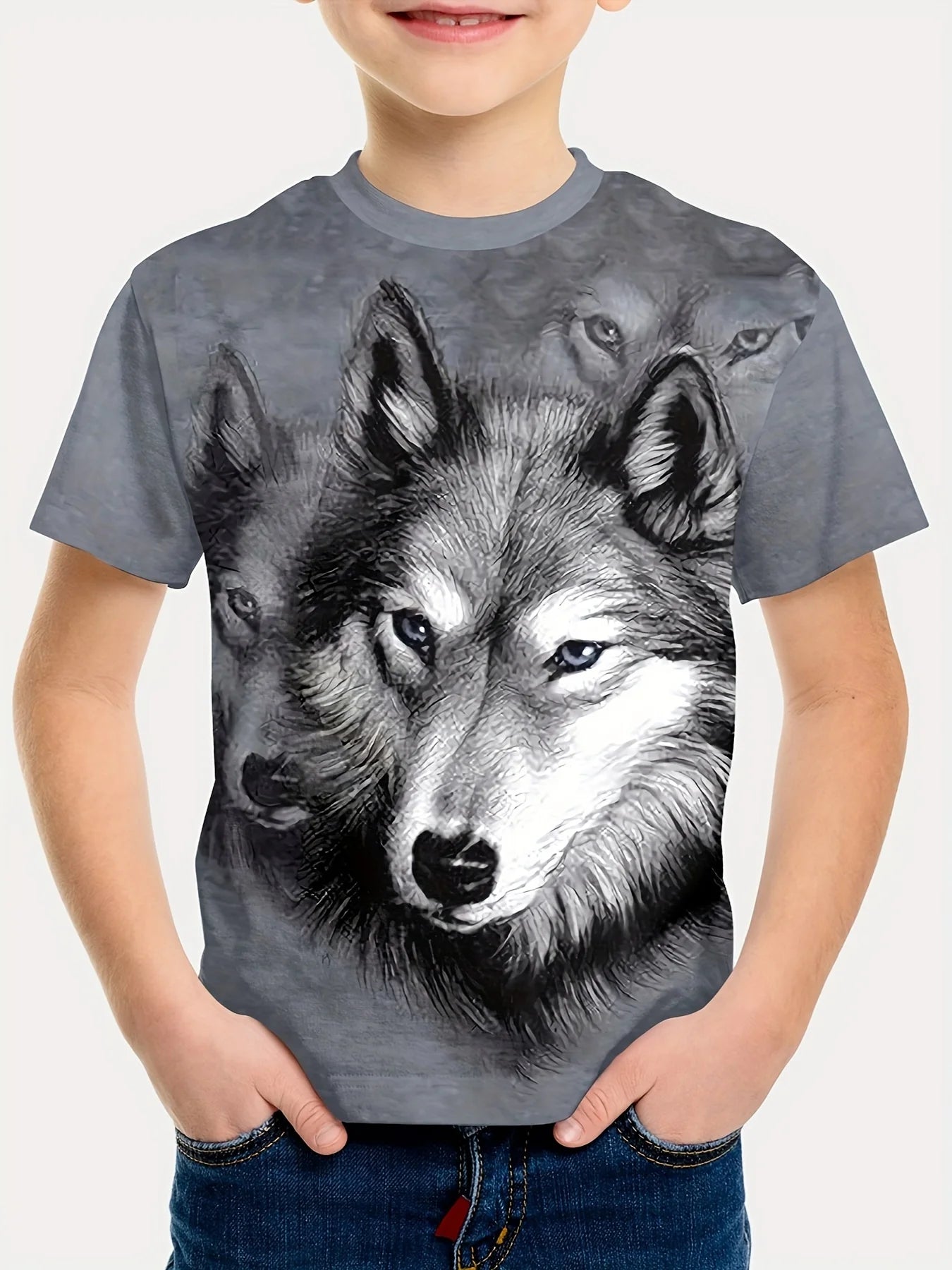 Children's Clothing Boys Tshirt Short Sleeve Cool 3D Wolf Print Kids Summer Clothes Stylish Streetwear Round Neck Girl Clothes﻿