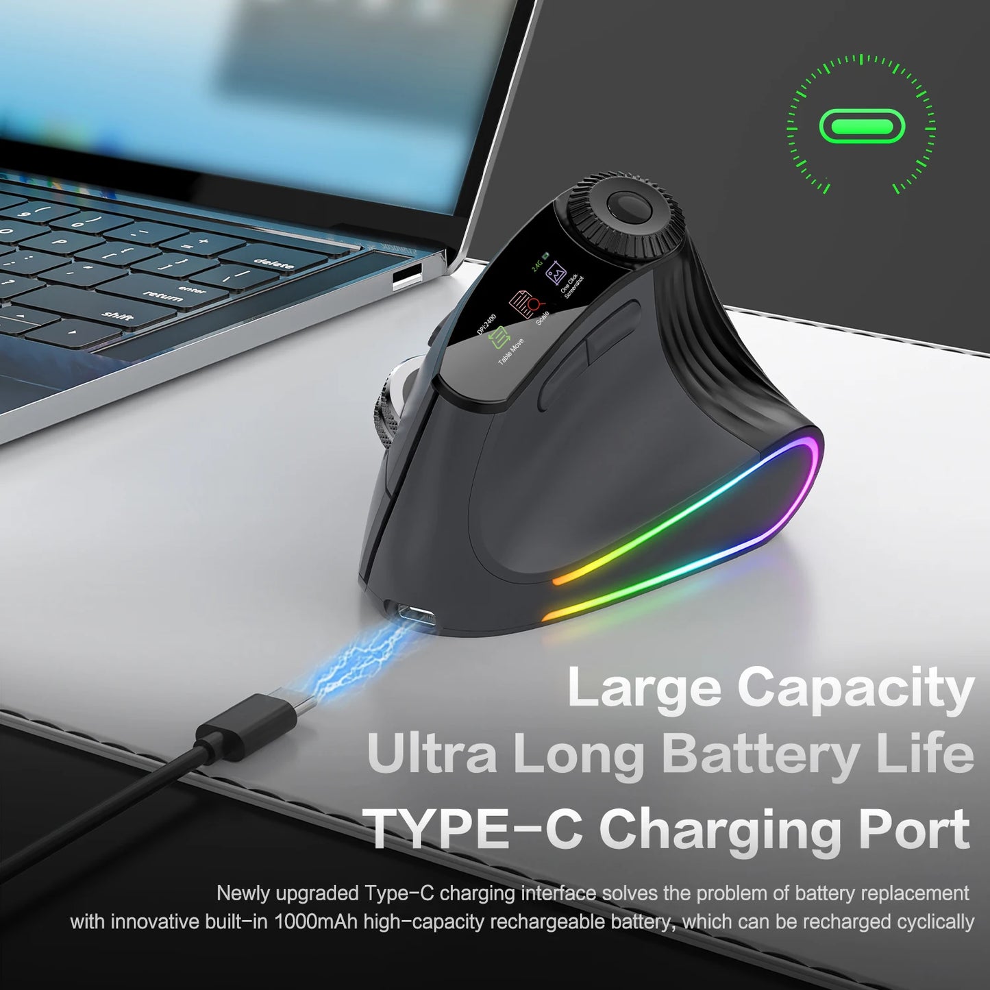 Jomaa RGB podświetlana bezprzewodowa pionowa mysz Speed Roller z pokrętłem regulacji funkcji, Bluetooth USB, ergonomiczna, ciche kliknięcie