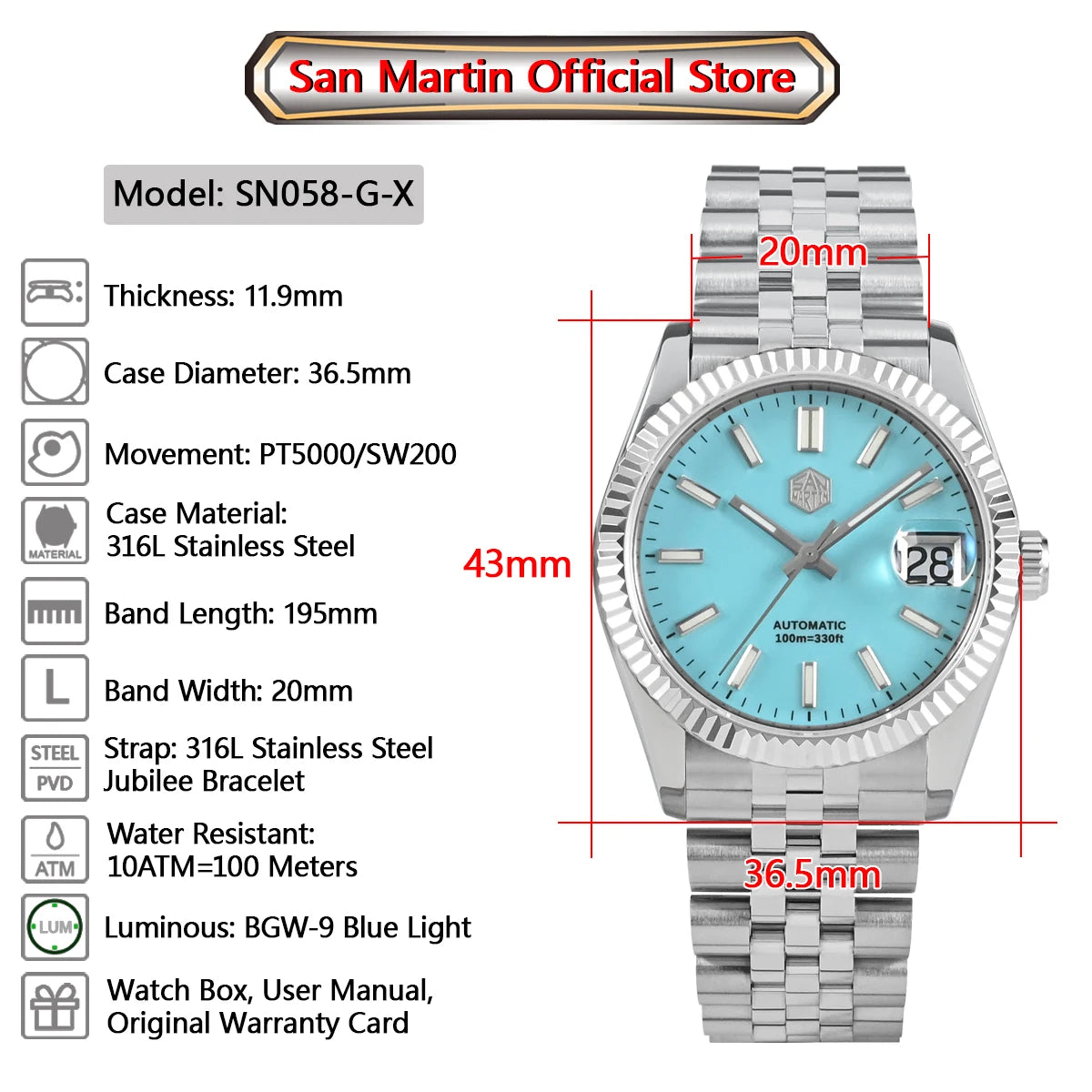 San Martin 36.5mm Men's Dress Watch Top Brand Luxury Automatic Mechanical Fashion Couples Watches Sapphire Waterproof 100m BGW9