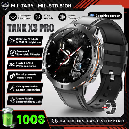 2026 Novo Smartwatch Militar TANK X3 para Homem, Bateria 1000mAh, 10ATM À Prova de Água para Natação, Percurso GPS, Ecrã AMOLED HD de 1.75", Chamadas e Desporto