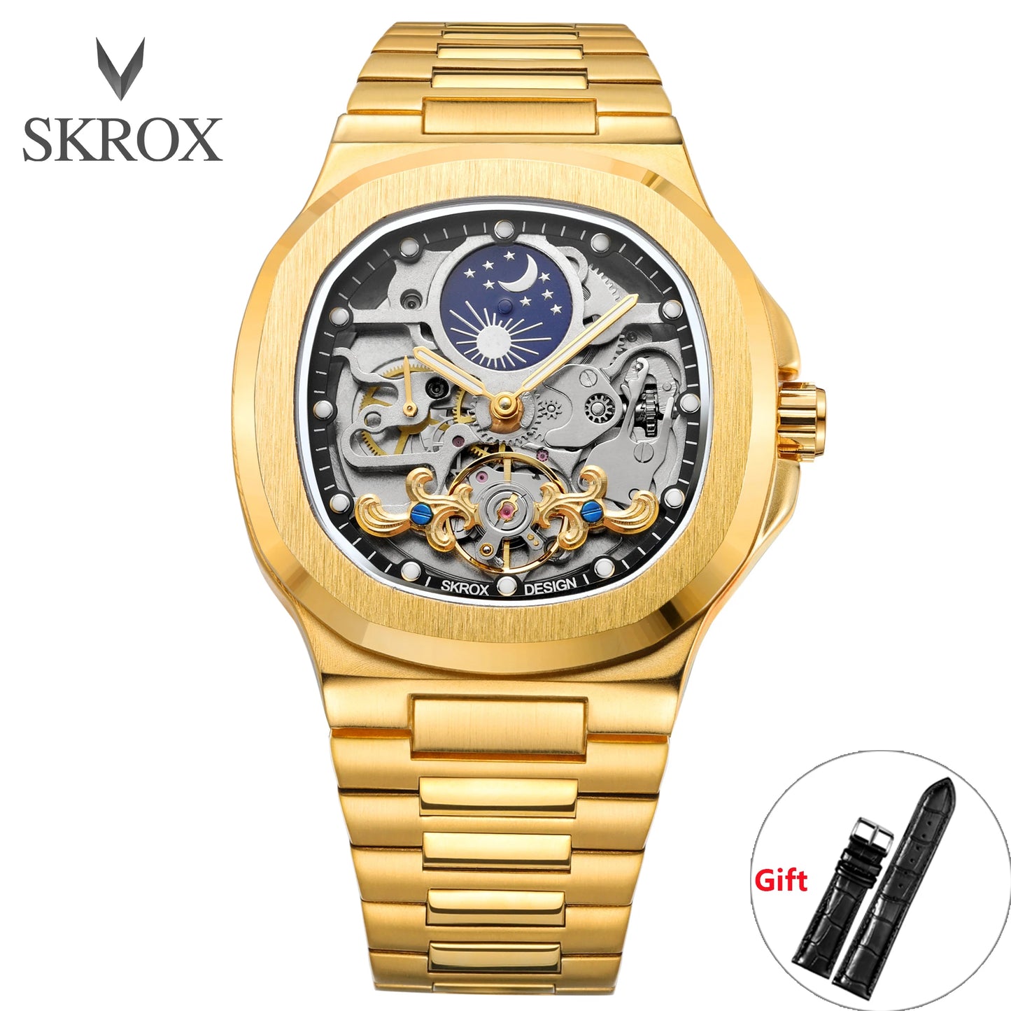 2026 High-end Luxury SKROX Square Man Watch Sapphire Stainless Steel Skeleton Moon Phase Classic Automatic Movement Male Watches