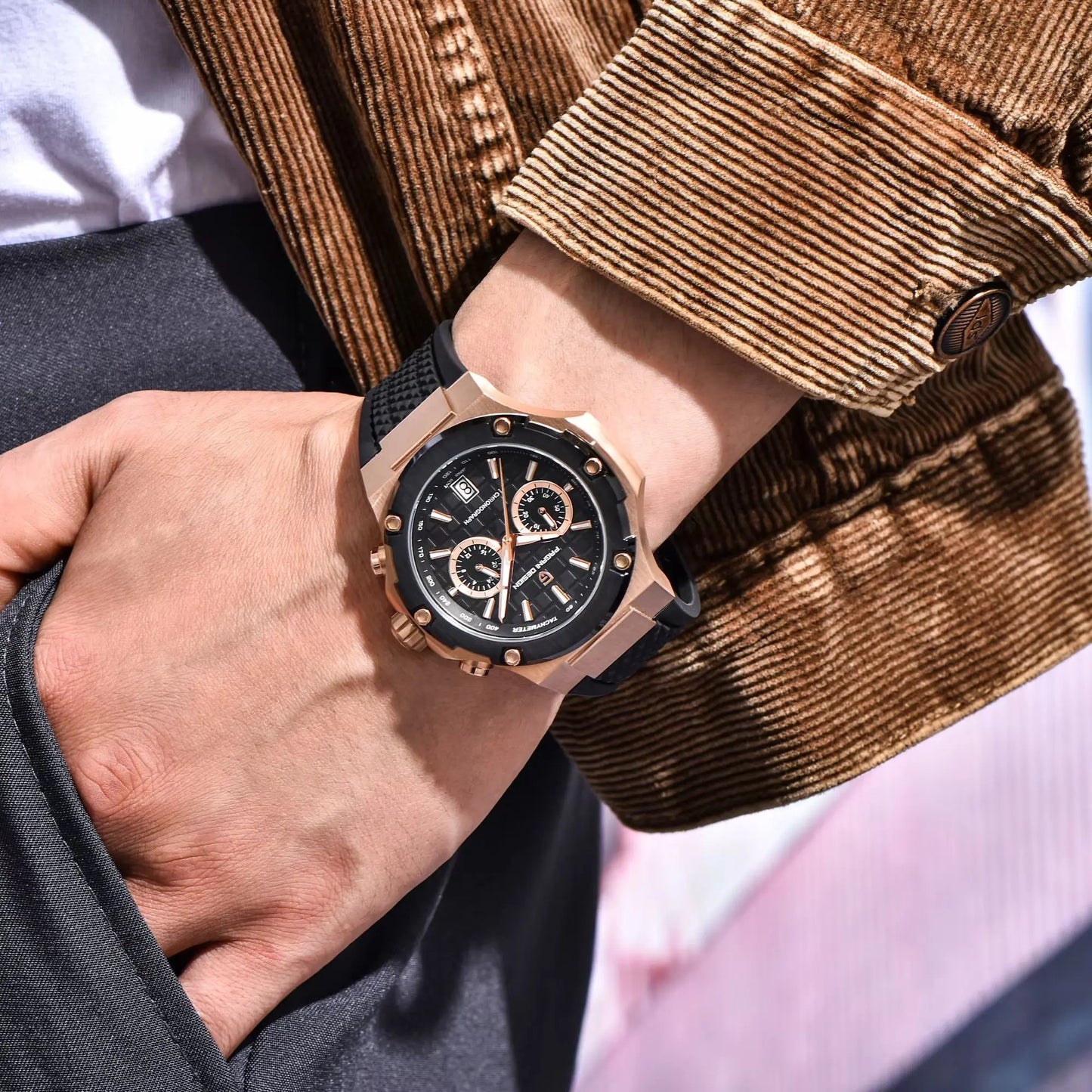 PAGANI DESIGN Men's Watches Luxury Rose Gold Sport Chronograph Japan VK64 Quartz Watch For Men Fluororubber Strap Wristwatch Men