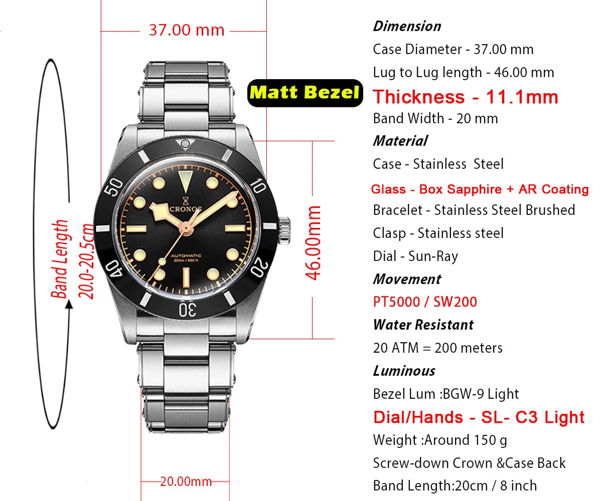 Cronos Luxury Men Watch 37mm Diver BB54 Vintage Automatic Wristwatches Female End Links Sapphire 20 Bar L6033