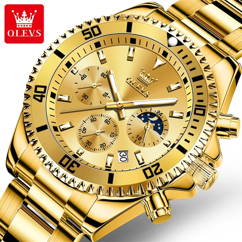 Relógio OLEVS para homem, marca de luxo, relógio militar de quartzo dourado, estanque, data luminosa, caixa em aço inoxidável.