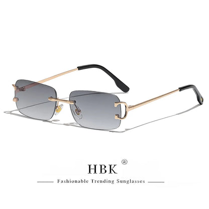 HBK Retro Rimless Sunglasses For Women Men Small Square Gold Frame Brand Design Tea Shades Rectangle UV400 Zonnebril Eyewear