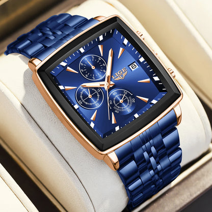 LIGE luxe herenhorloges, vierkant model, klassieke en trendy stijl, van roestvrij staal, waterdicht, sportief en casual, met quartz uurwerk.
