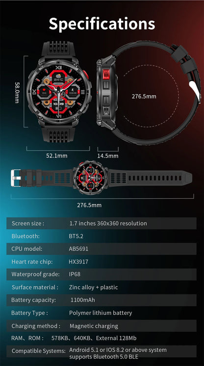 2026 T-Rex 3 Style Smartwatch for Men  1100mAh Battery, GPS, 10ATM Waterproof, Bluetooth Calling & Sports Tracker