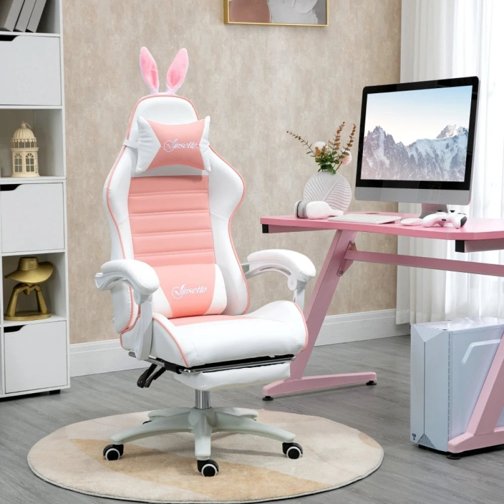 Ergonomic Gaming Chair, Reclinable Gamer Chair 135°, Footrest, Lumbar Cushion and Headrest, Adjustable Height, Pink