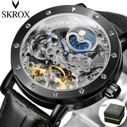SKROX automata mechanikus férfi karóra, szkeleton modell GMT funkcióval, holdfázis-kijelzővel és tourbillon-nal – Elegáns és eredeti, csúcsminőségű luxusóra.