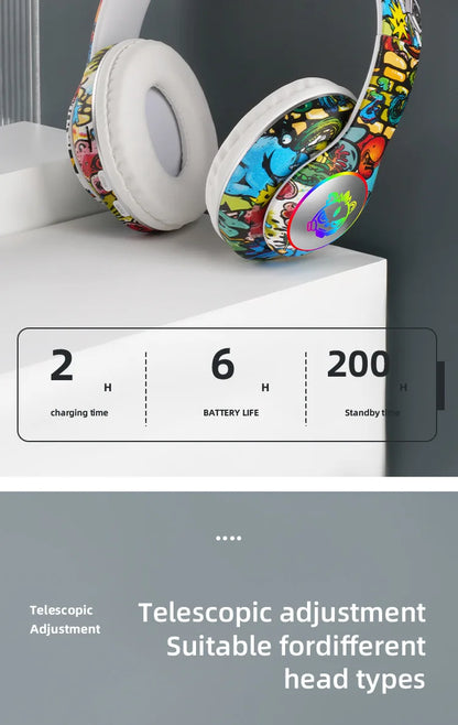 Auscultadores Gaming Bluetooth Sem Fios New Graffiti LX-8686 com Microfone, Iluminação LED, Suporte para Cartão TF, Graves Profundos e Design Over-Ear para PC, Gaming e Crianças