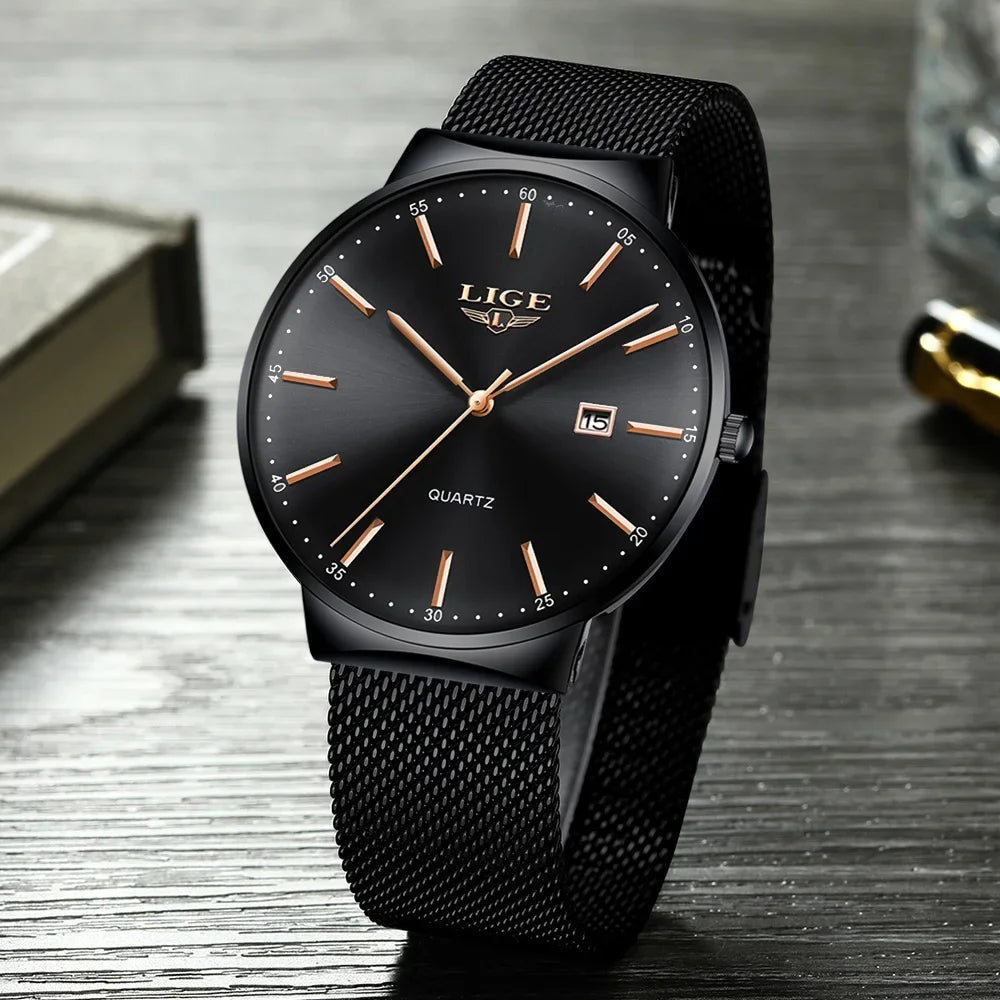 LIGE herenhorloge, elegant en luxueus model, ultradun, waterdicht, met een maasband, quartz-uurwerk, datum- en kalenderweergave – ideaal voor een professionele stijl.