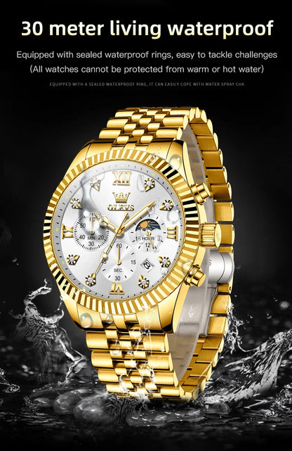 OLEVS 2932 High end Men's Watch Classic Lunar Phase Waterproof Stainless Steel Chronograph Watch Luxury Brand Quartz Men's Watch
