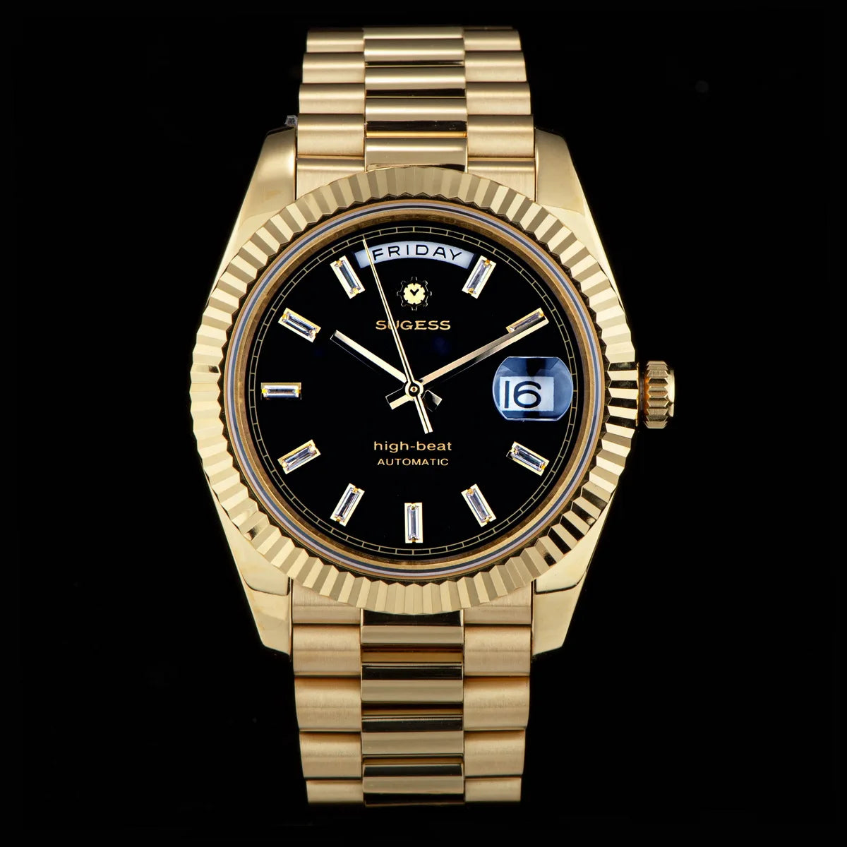 Sugess Watch Mens 40mm Date Day Automatic Dandong Peacock SL3034 Movement Retro Mechanical Wristwatch Sapphire Glass Golden New