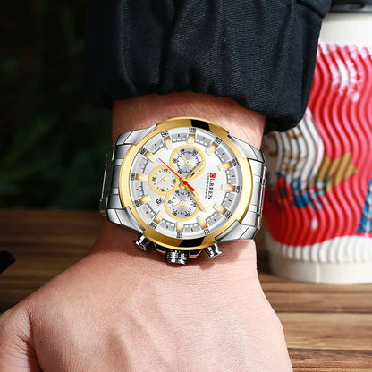 CURREN kronografklocka för män, stor urtavla på 48 mm, armband i rostfritt stål, tre hjälputavlor, sportklocka med kvartsverk, lyxig stil