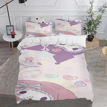 Conjunto de Capa de Edredão e Fronha Kuromi Fofo para Cama, Decoração de Quarto para Adulto, Rapaz e Rapariga, Presente para Crianças, Tamanho Individual, Duplo e Grande