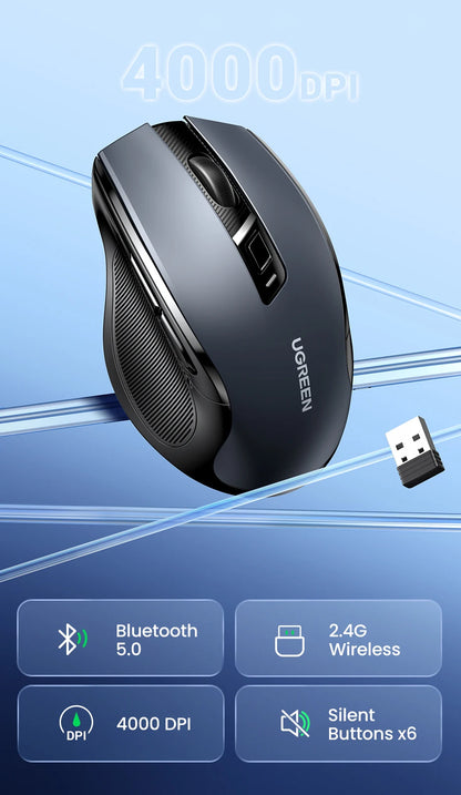 Mouse wireless UGREEN Bluetooth 5.0 ergonomico 4000DPI con 6 pulsanti silenziosi per MacBook, tablet, laptop, computer e PC, mouse 2.4G