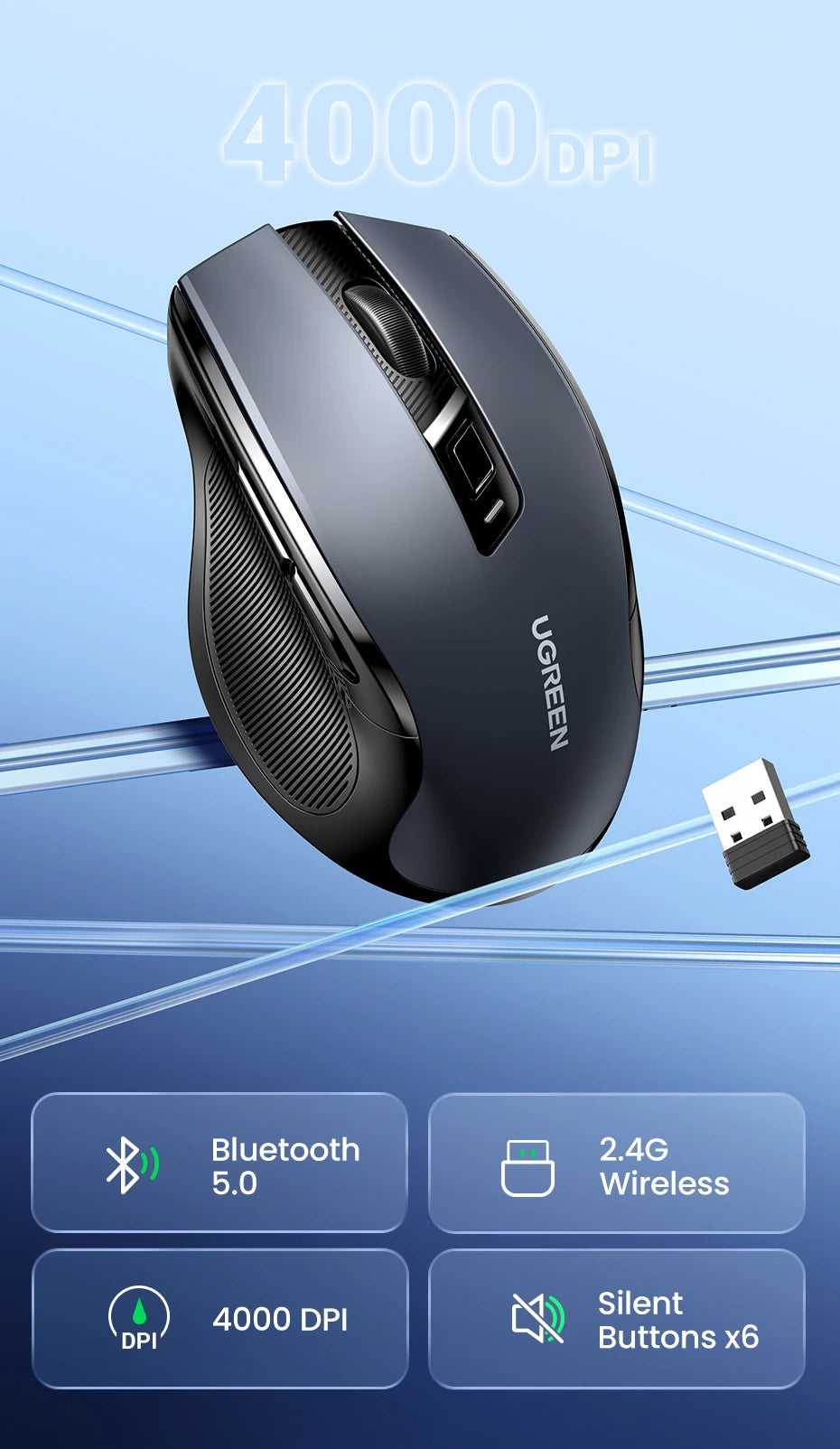 UGREEN belaidė pelė Bluetooth5.0, ergonomiška 4000DPI pelė su 6 tyliais mygtukais, skirta MacBook, planšetėms, nešiojamiesiems kompiuteriams, kompiuteriams ir PC, 2.4G pelė