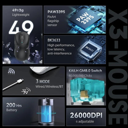 ATTACK SHARK X3 hárommódos egér 1K Hz, X3Pro Bluetooth vezeték nélküli egér 4K Hz, könnyű kivitel, PAW3395, 650IPS mobil sebesség