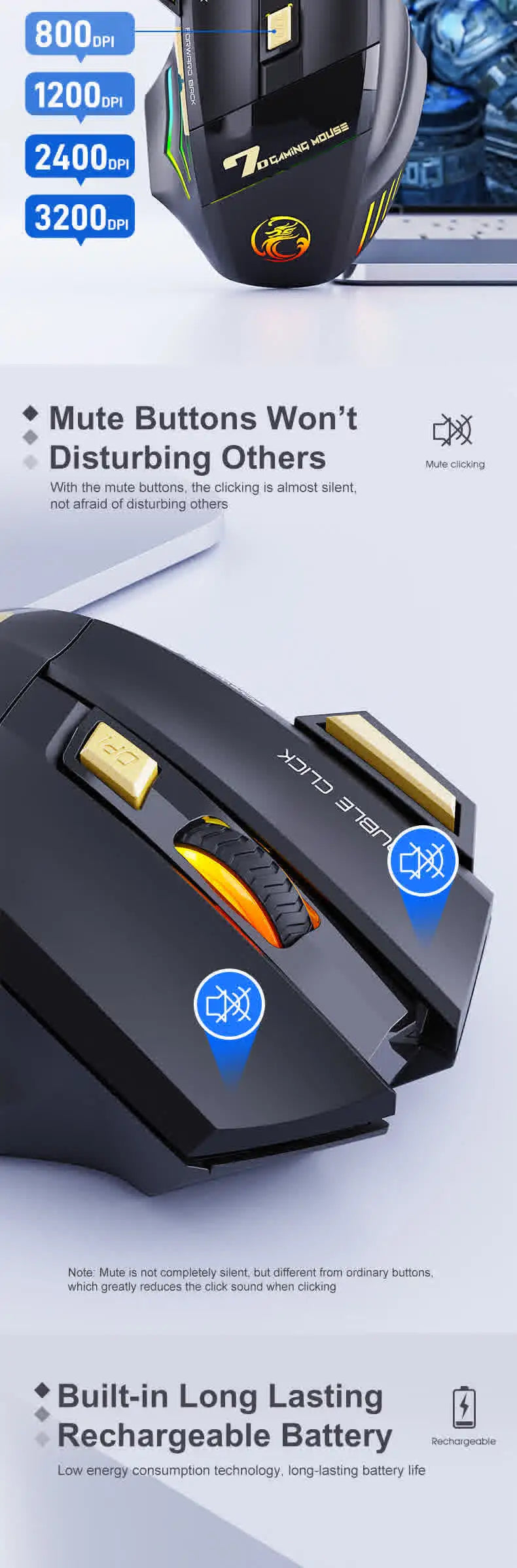 Belaidė Bluetooth pelė, įkraunama kompiuterinė pelė žaidėjams, ergonominė gaming pelė su RGB apšvietimu, tyli pelė PC kompiuteriui