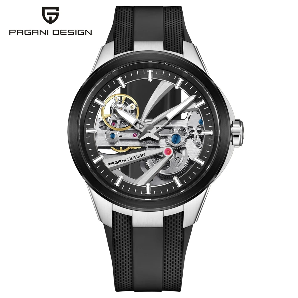Herrenuhr von PAGANI DESIGN – Mechanisches Luxusuhrwerk mit Automatikaufzug, „Skelett“-Ausführung (mit offenem Herz), ausgestattet mit einem Tourbillon, Saphirglas mit Antireflexbeschichtung, wasserdicht und leuchtend.