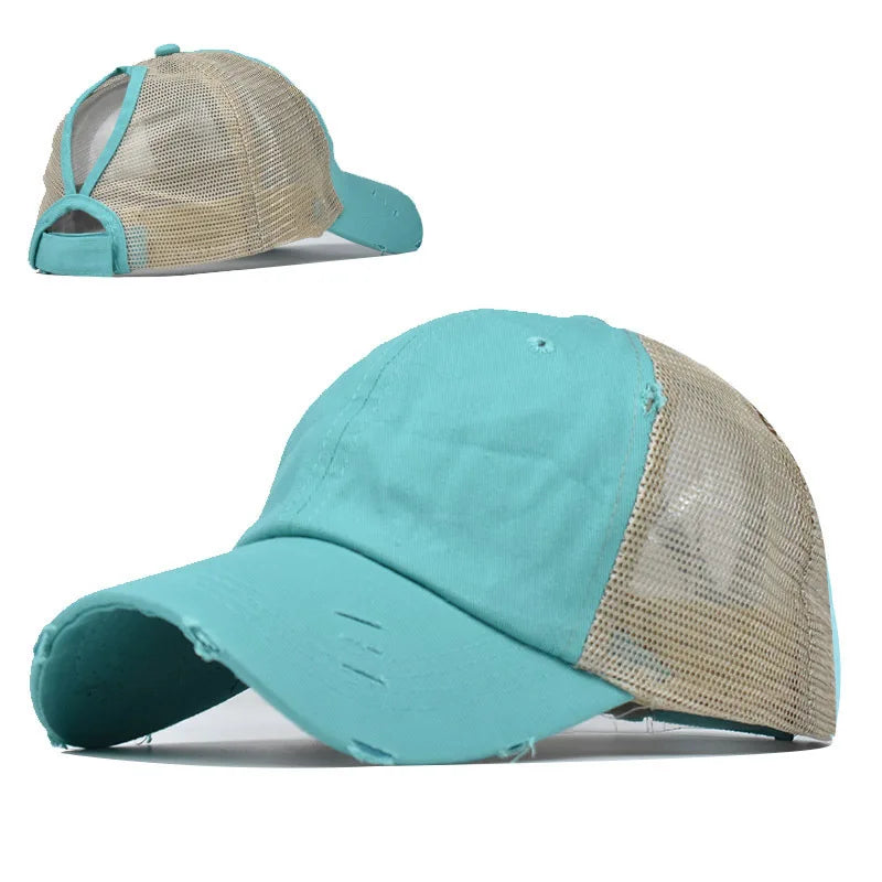 1pc Vintage Ponytail Mesh Baseball Cap,Adjustable Outdoor Sun Protection Washed Distress Trucker Hat,Suitable for Spring/Autumn